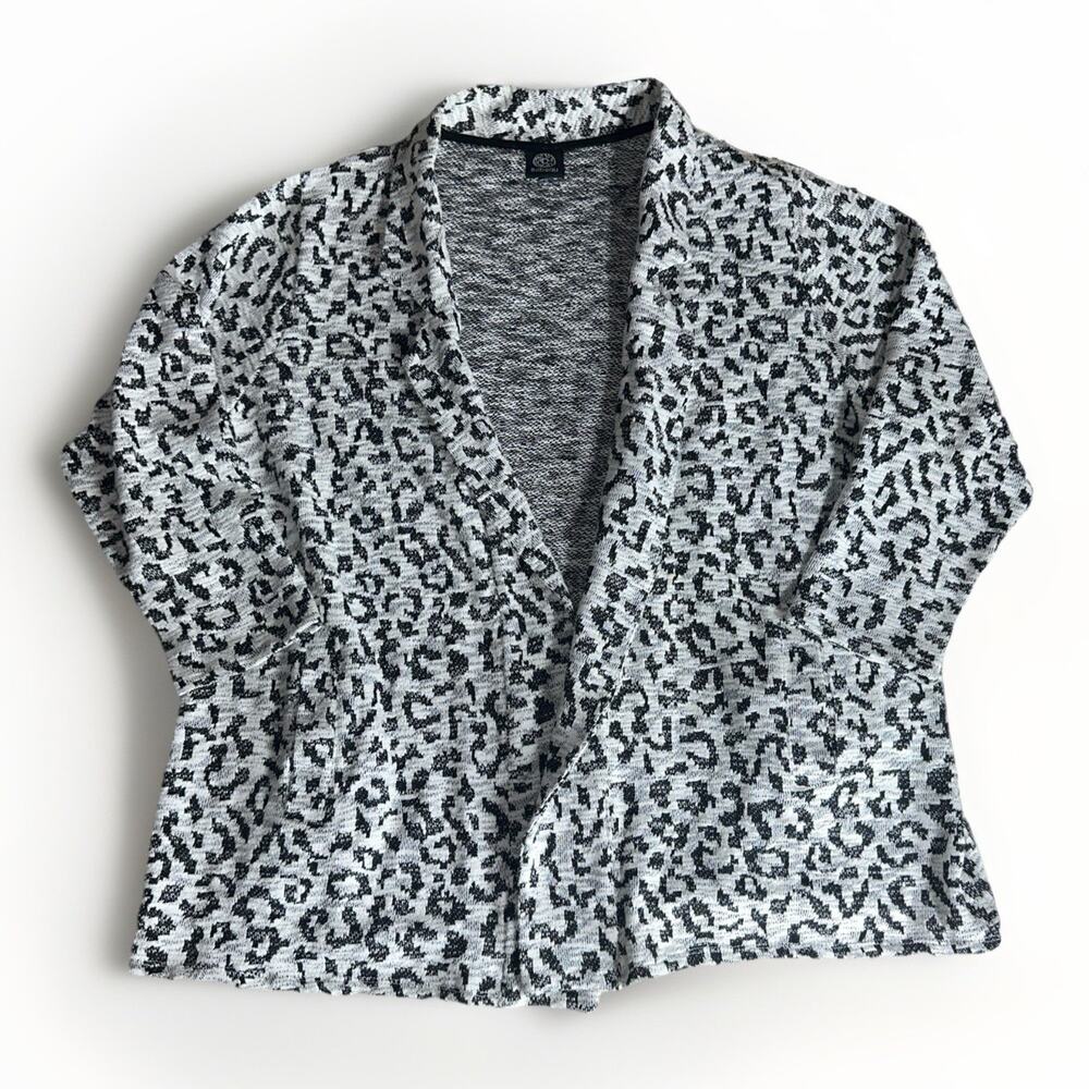Bobeau Open Front Leopard Print Cardigan Sweater 2X Gray Black Knit Pockets